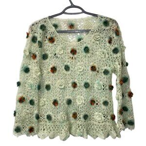 Handmade Wool Crochet Sweater with Floral Design — One of a Kind, Fits Like M